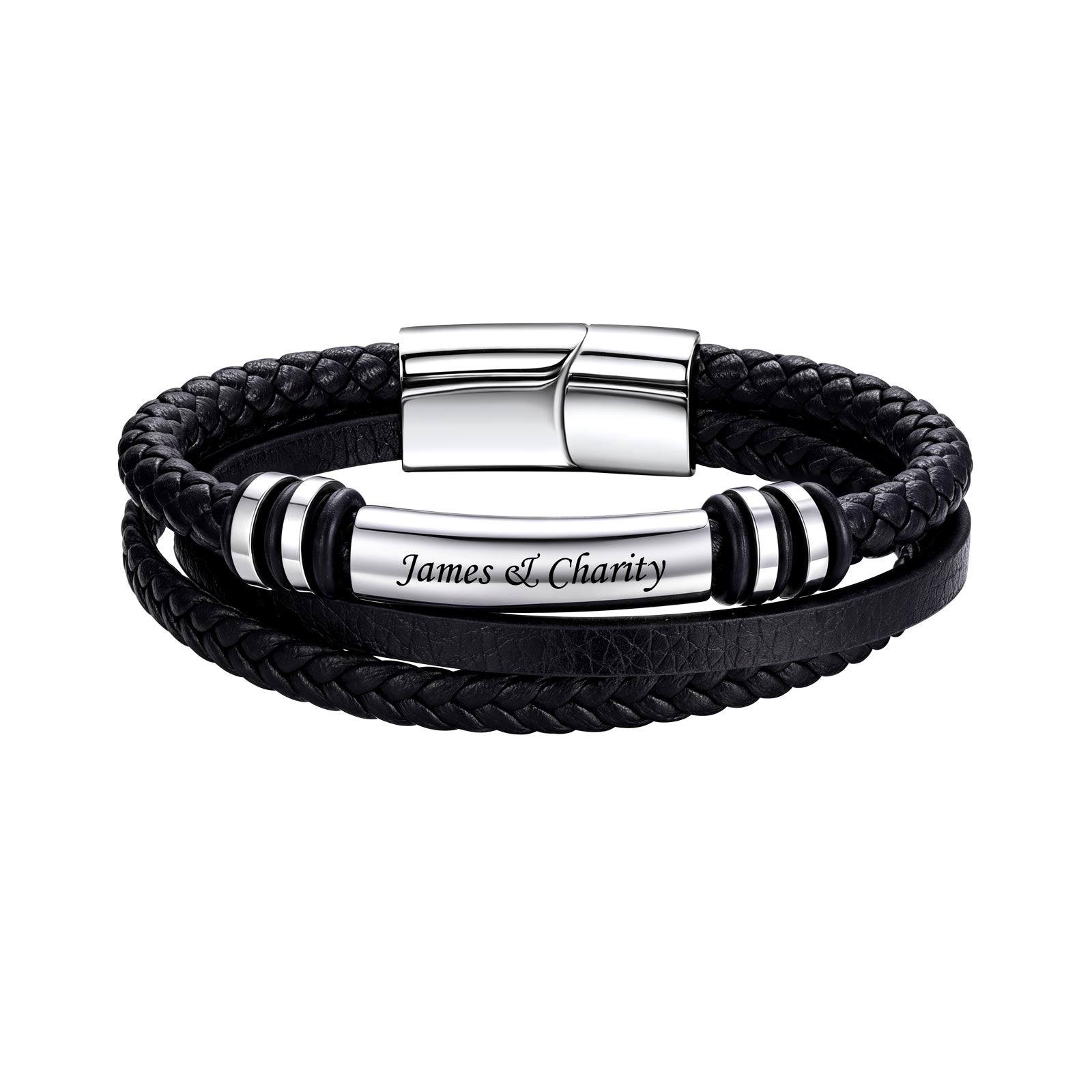 A black multi-layered leather bracelet featuring a braided wrap, a smooth leather band, and a polished silver-tone central cylinder engraved with 'James & Charity'. The bracelet is secured with a silver magnetic clasp and accented with black-and-silver spacer beads, shown on a plain white background.