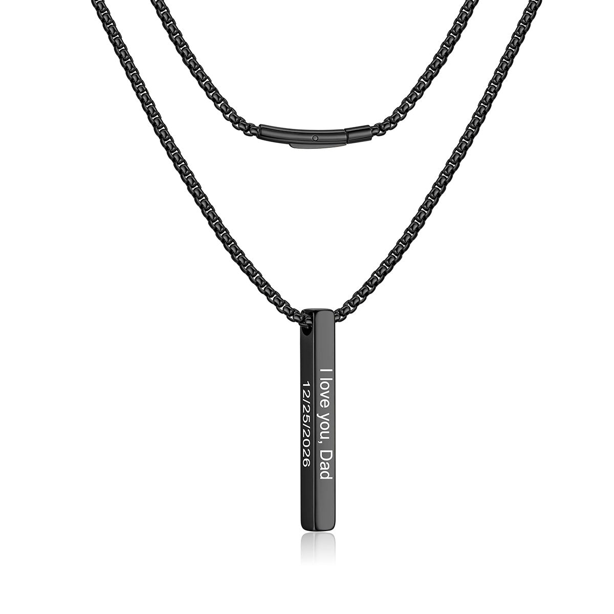 A black stainless steel bar necklace featuring a box chain and a bar pendant engraved with 'I love you, Dad' and '1234567890'.