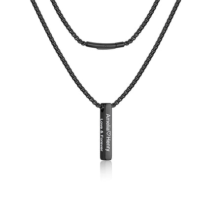 A black stainless steel bar necklace featuring a box chain and a vertical rectangular pendant engraved with 'Amelia & Henry' and 'LOVE & POWER'.