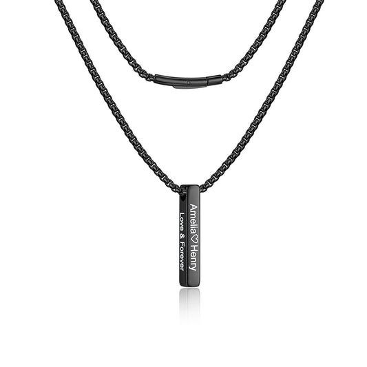 A black stainless steel bar necklace featuring a box chain and a vertical rectangular pendant engraved with 'Amelia & Henry' and 'LOVE & POWER'.