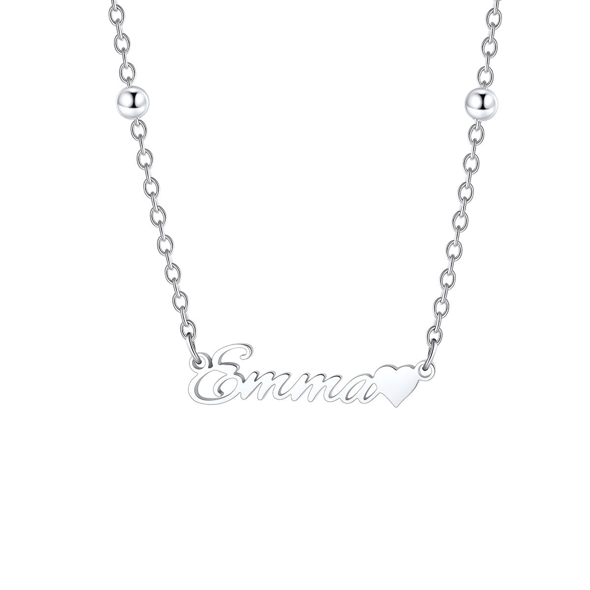 A close-up of a woman wearing a delicate silver name necklace with a small letter 'G' pendant, styled with small silver beads on the chain.