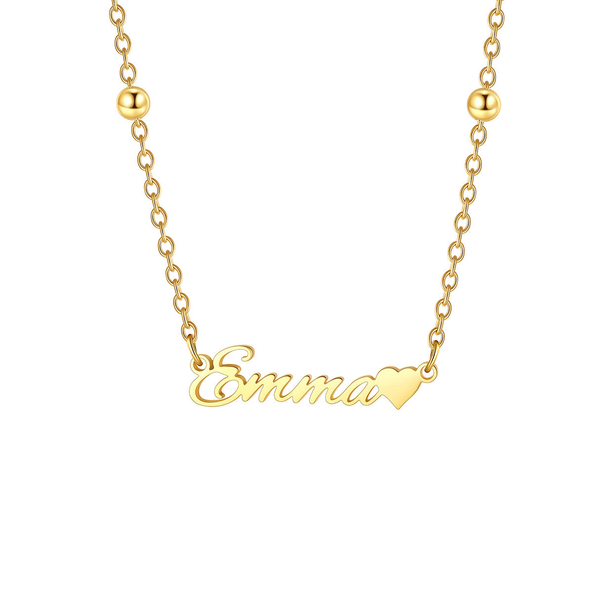 A close-up of a woman wearing a delicate silver necklace with a small letter 'G' pendant, styled with small silver beads on the chain.