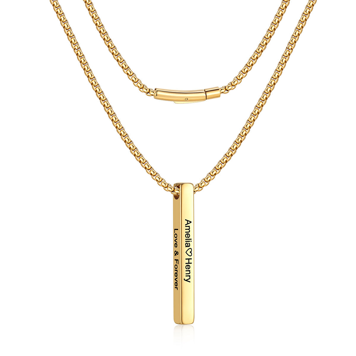 A gold-plated bar necklace featuring a vertical bar pendant engraved with 'Anabelle & Henry' and 'Love & Forever', displayed on a clean white background.