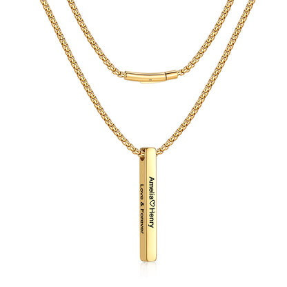 A gold-plated bar necklace featuring a vertical bar pendant engraved with 'Anabelle & Henry' and 'Love & Forever', displayed on a clean white background.