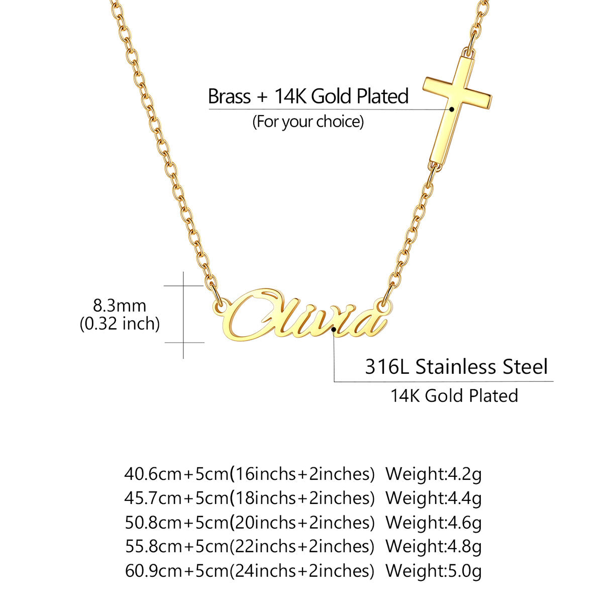 A gold-plated custom name necklace with the word 'custom' spelled out in cursive script, shown on a plain white background.