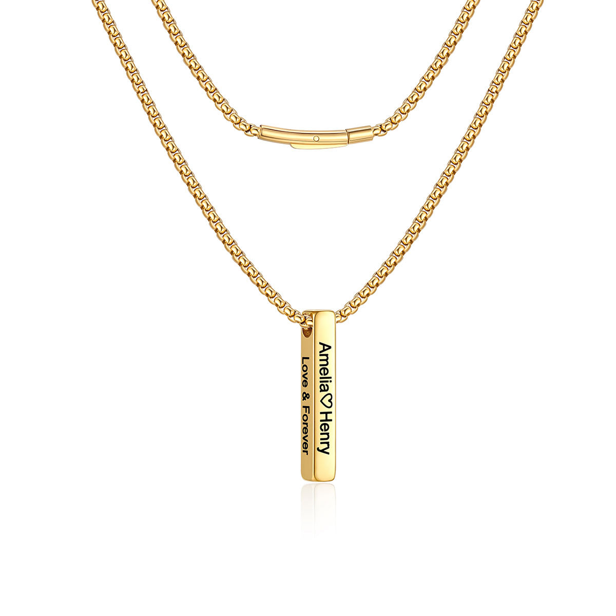A gold-plated double-layer bar necklace featuring a classic curb chain and a vertical bar pendant engraved with the names 'Amelia & Henry' and 'LOVE & DEVOTION'.