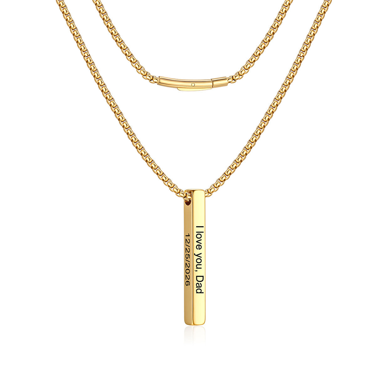 A gold-plated engraved bar necklace featuring a vertical bar pendant engraved with 'I love you, Dad' and a phone number, displayed against a clean white background.