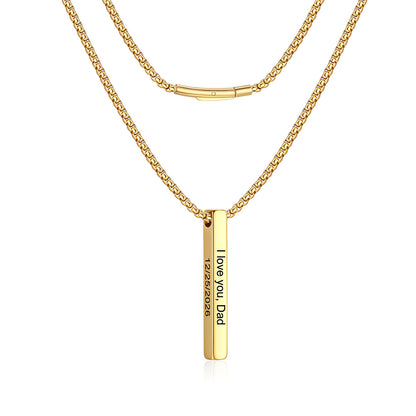 A gold-plated engraved bar necklace featuring a vertical bar pendant engraved with 'I love you, Dad' and a phone number, displayed against a clean white background.
