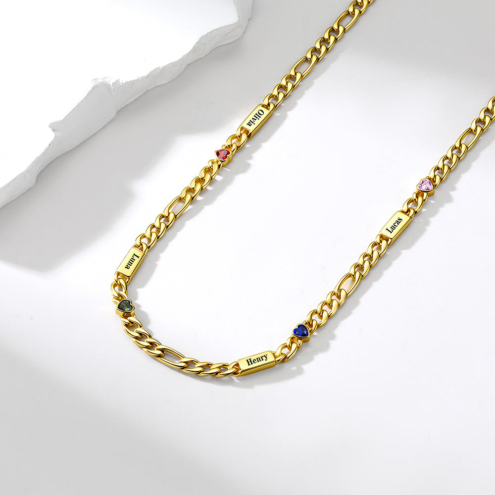 A gold-toned Cuban link chain necklace with small rectangular nameplates engraved with zodiac signs and tiny colored gemstone accents, displayed on a clean white surface.