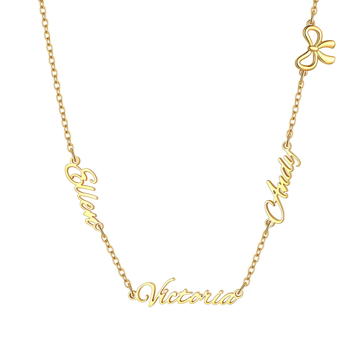 A gold chain custom three name necklace featuring personalized script nameplates spelling 'Elven', 'Clody', and 'Victoria', along with a small bow charm at the top right, shown on a plain white background.