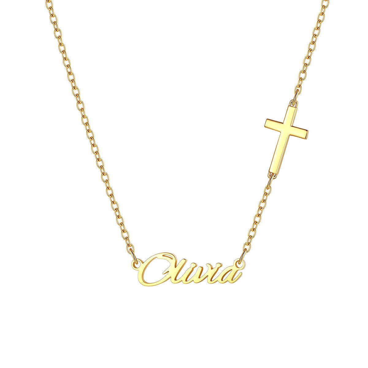 A gold chain name necklace featuring a small cross pendant and a cursive nameplate spelling 'Olivia', shown on a plain white background.