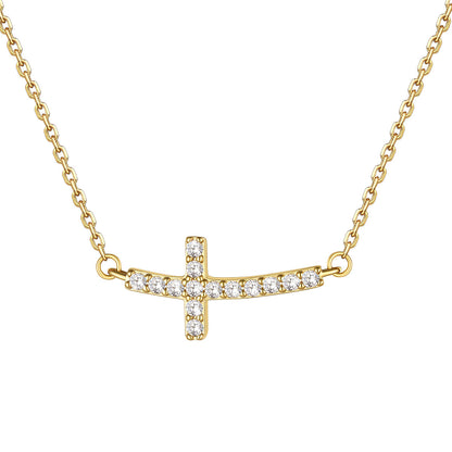 A gold cross necklace featuring a bar and cross pendant set with clear cubic zirconia stones, displayed against a solid white background.