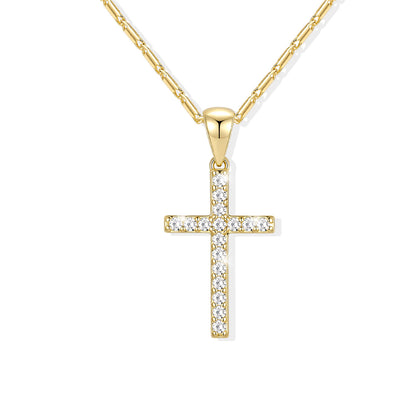 A gold cross pendant necklace adorned with clear pavé stones, suspended from a gold chain on a clean white background.