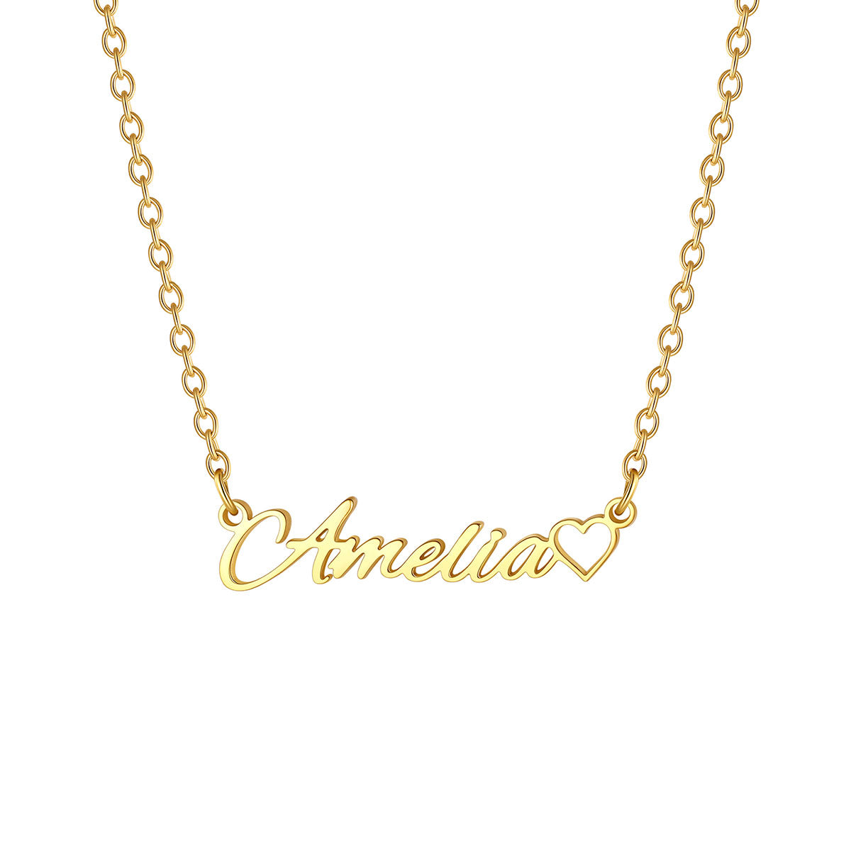 A gold name necklace featuring a script nameplate that reads 'Amelia' in cursive, with a small heart outline at the end, shown on a plain white background.