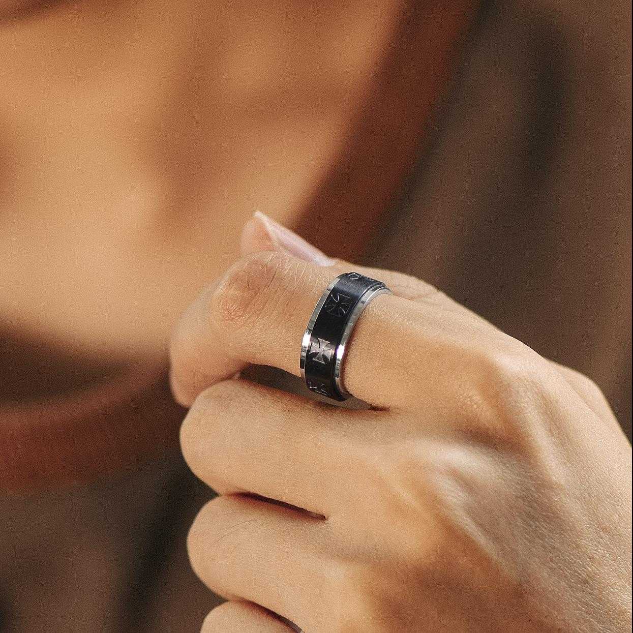 A man Wearing Black Custom Knights Templar Cross Ring Anxiety Fidget Ring