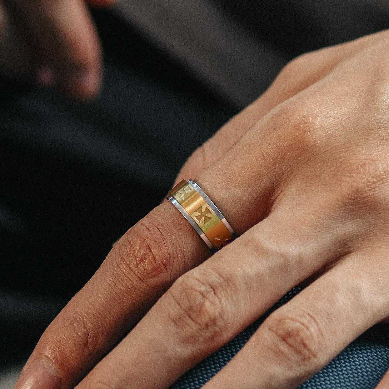 A man Wearing Gold Knights Templar Cross Ring Anxiety Fidget Ring