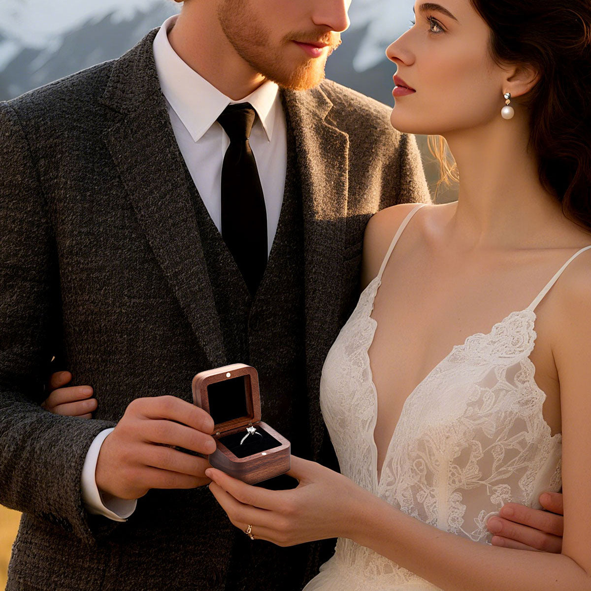 A man in a gray suit and a woman in a white lace wedding dress hold an open ring box together in an outdoor setting with mountains in the background.