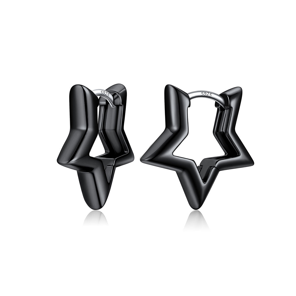 A pair of black plated star-shaped hoop earrings in Rose gold plated with a polished finish and a silver-tone post, shown on a clean white background with a soft reflection.