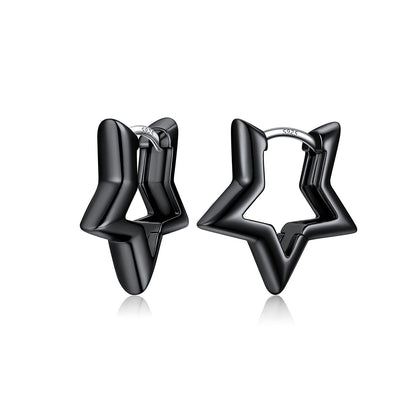 A pair of black plated star-shaped hoop earrings in Rose gold plated with a polished finish and a silver-tone post, shown on a clean white background with a soft reflection.