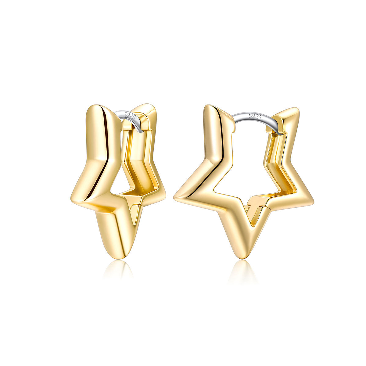 A pair of gold plated star-shaped hoop earrings in Rose gold plated with a polished finish and a silver-tone post, shown on a clean white background with a soft reflection.