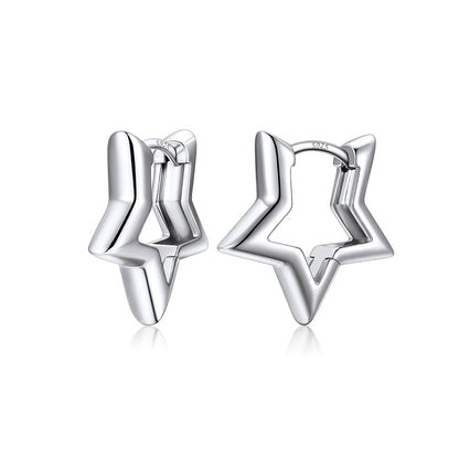 A pair of polished silver star-shaped hoop earrings on a clean white background.