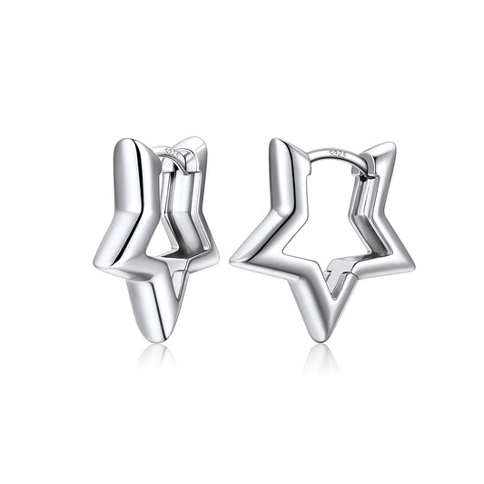 A pair of polished silver star-shaped hoop earrings on a clean white background.