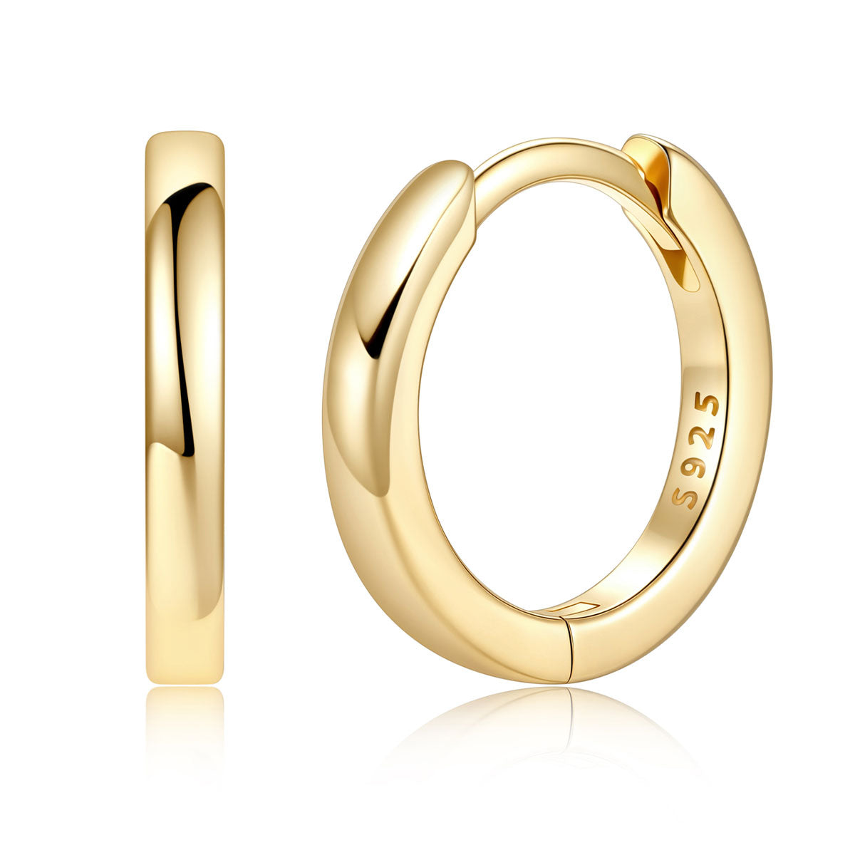 A pair of polished yellow gold huggie hoop earrings shown on a clean white background, with one earring viewed from the side and the other from the front showing a 925 sterling silver hallmark.