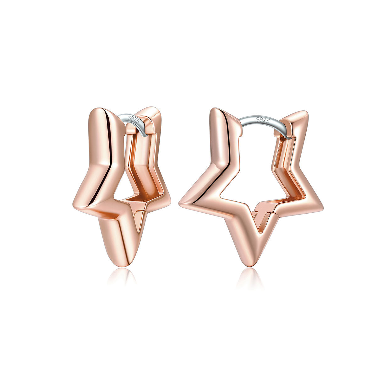 A pair of rose gold star-shaped hoop earrings in Rose gold plated with a polished finish and a silver-tone post, shown on a clean white background with a soft reflection.