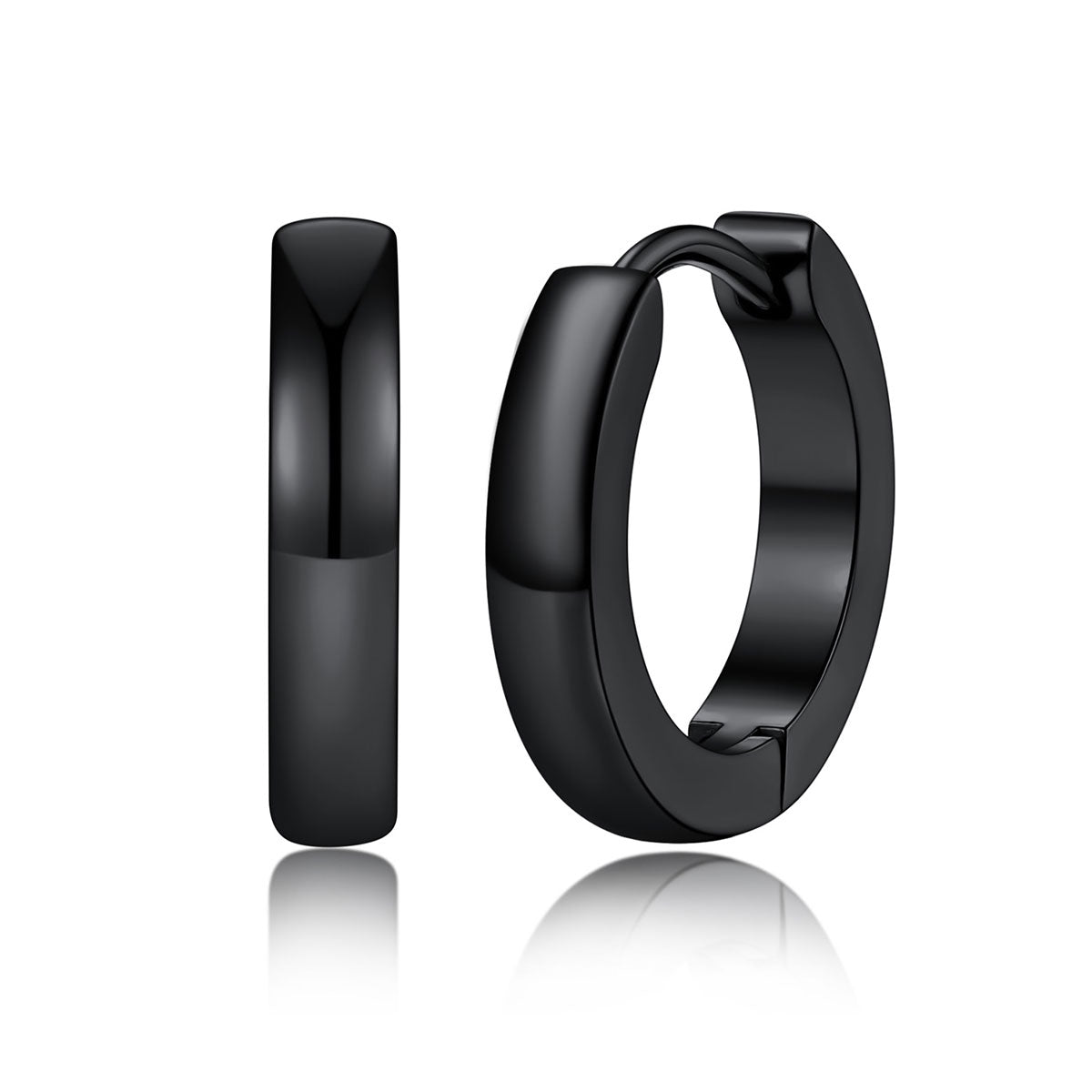 A pairs of polished 12mm black huggie hoop earrings shown in three sizes on a plain white background