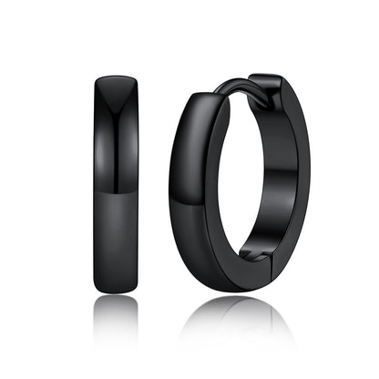 A pairs of polished 12mm black huggie hoop earrings shown in three sizes on a plain white background