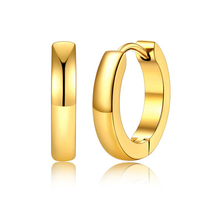 A pairs of polished 12mm gold huggie hoop earrings shown in three sizes on a plain white background