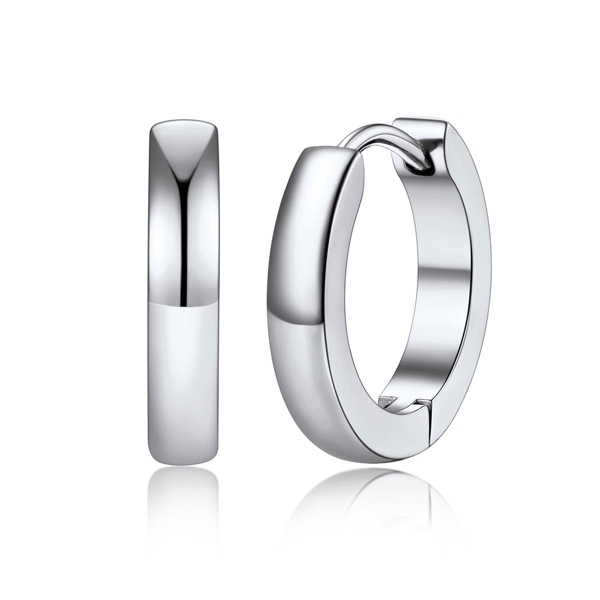 A pairs of polished 12mm steel huggie hoop earrings shown in three sizes on a plain white background