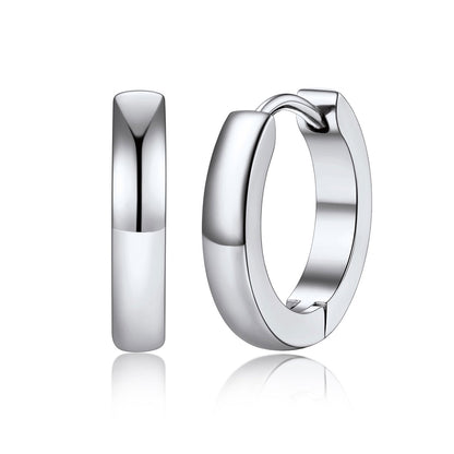 A pairs of polished 12mm steel huggie hoop earrings shown in three sizes on a plain white background