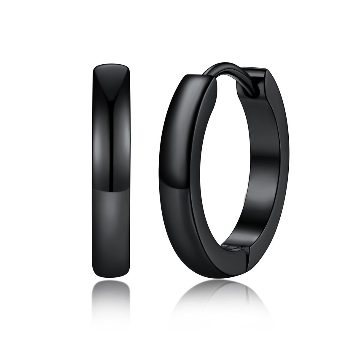 A pairs of polished 14mm black huggie hoop earrings shown in three sizes on a plain white background