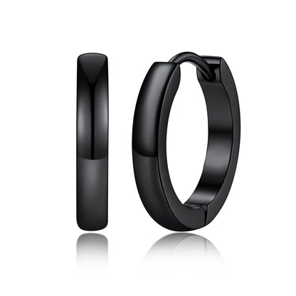 A pairs of polished 14mm black huggie hoop earrings shown in three sizes on a plain white background