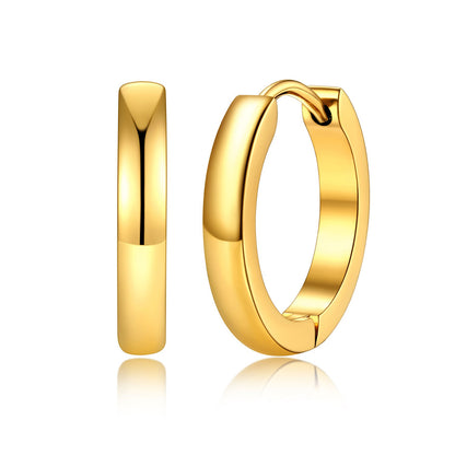 A pairs of polished 14mm gold huggie hoop earrings shown in three sizes on a plain white background