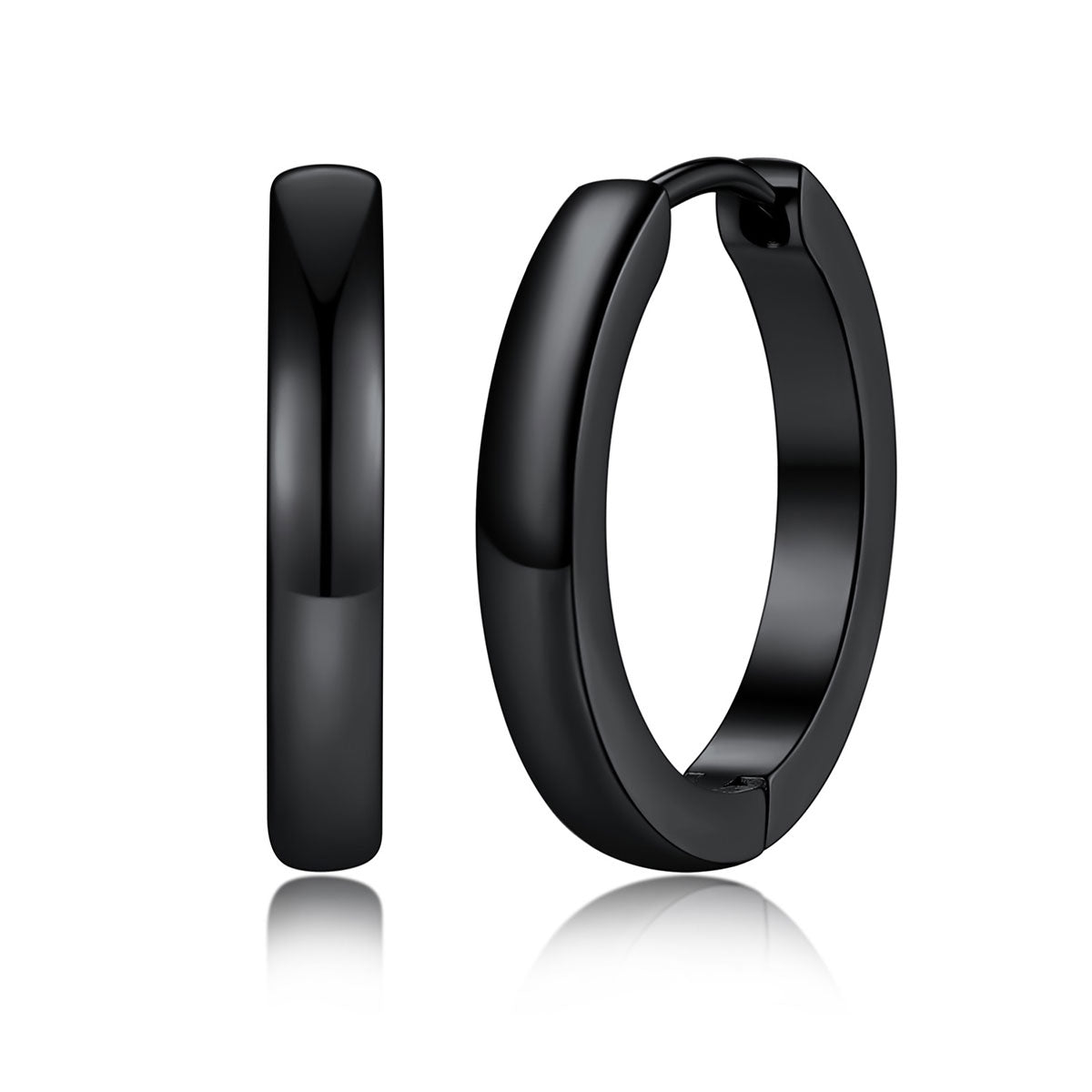 A pairs of polished 16mm black huggie hoop earrings shown in three sizes on a plain white background