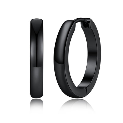 A pairs of polished 16mm black huggie hoop earrings shown in three sizes on a plain white background