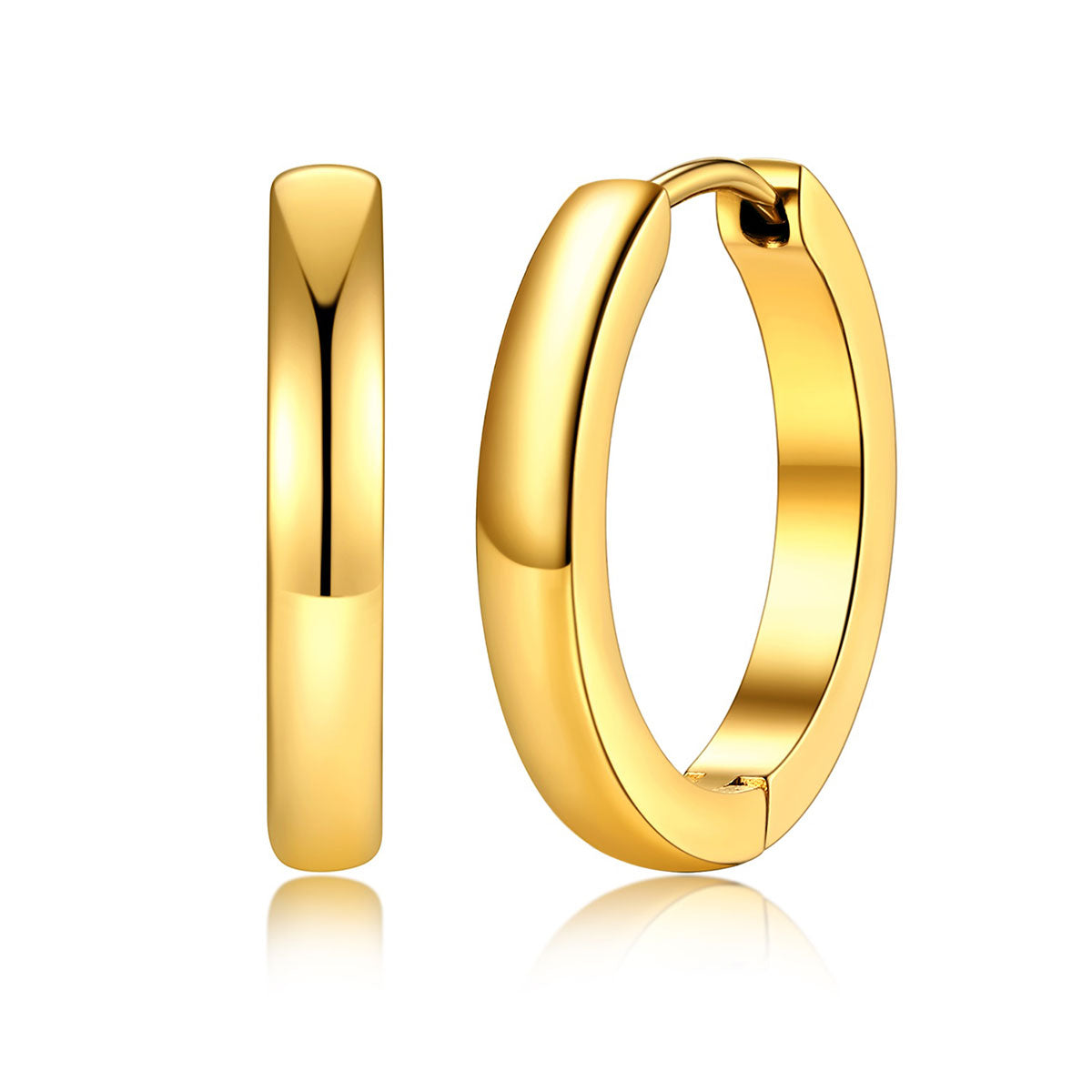 A pairs of polished 16mm gold huggie hoop earrings shown in three sizes on a plain white background