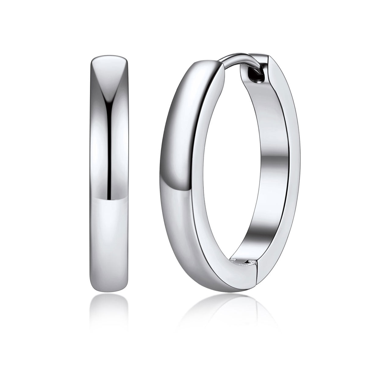 A pairs of polished 16mm steel huggie hoop earrings shown in three sizes on a plain white background