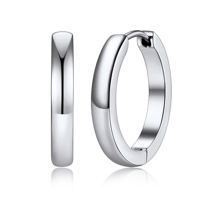 A pairs of polished 16mm steel huggie hoop earrings shown in three sizes on a plain white background