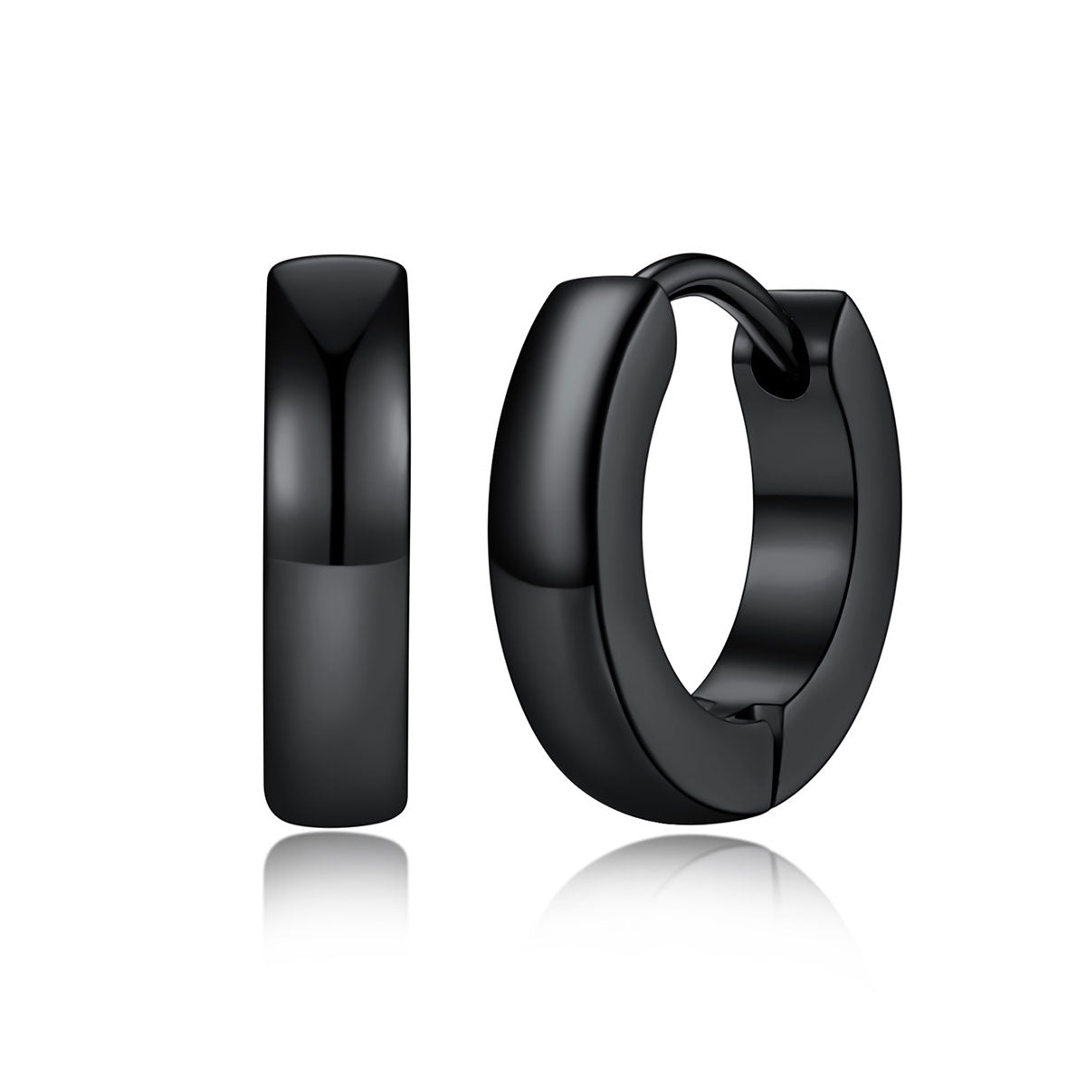 A pairs of polished 9mm black huggie hoop earrings shown in three sizes on a plain white background