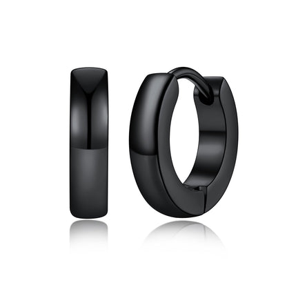 A pairs of polished 9mm black huggie hoop earrings shown in three sizes on a plain white background