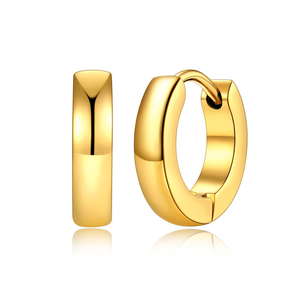 A pairs of polished 9mm gold huggie hoop earrings shown in three sizes on a plain white background