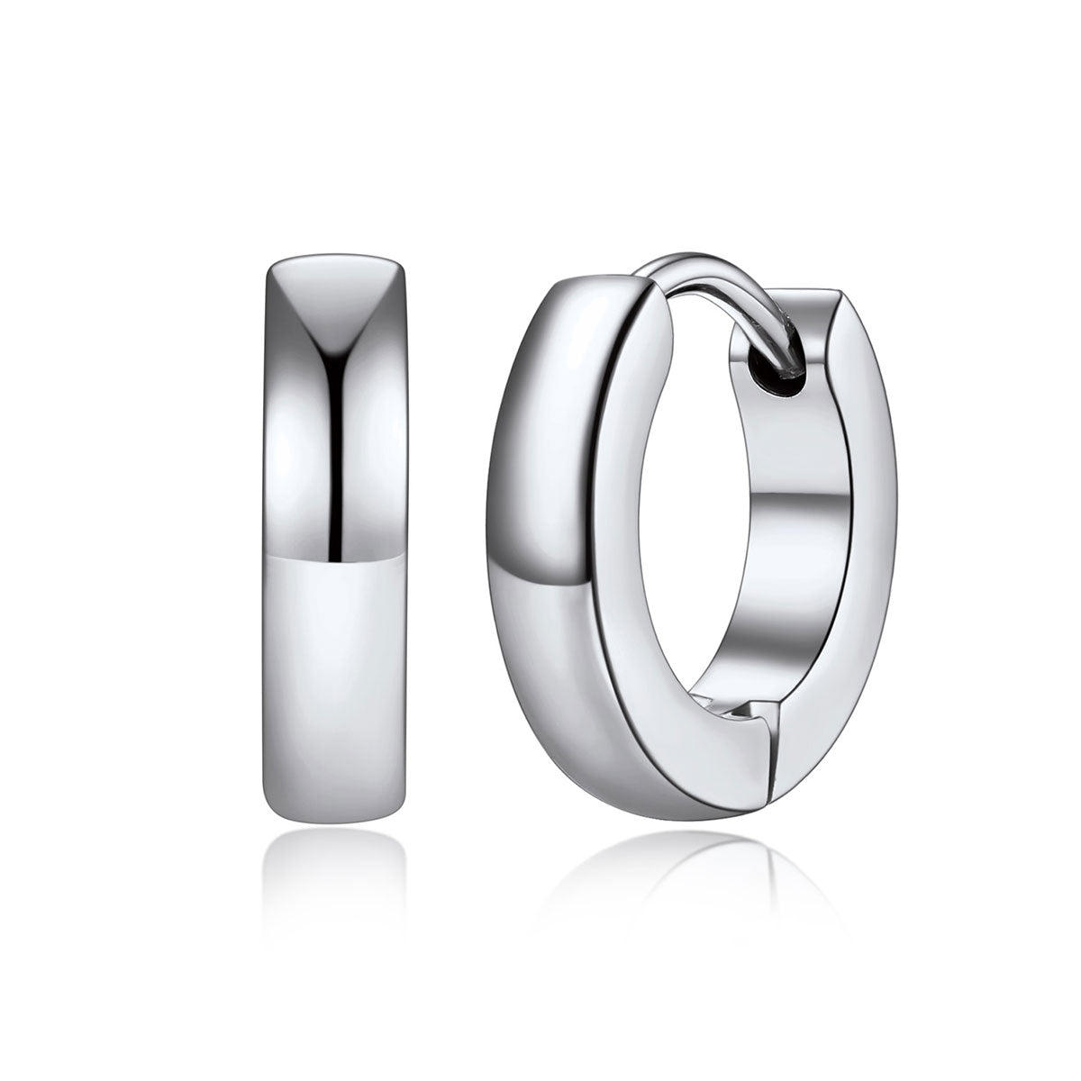 A pairs of polished 9mm steel huggie hoop earrings shown in three sizes on a plain white background