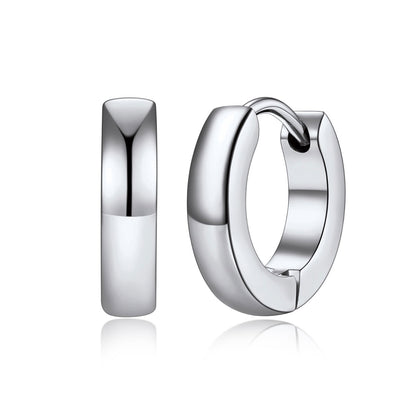 A pairs of polished 9mm steel huggie hoop earrings shown in three sizes on a plain white background