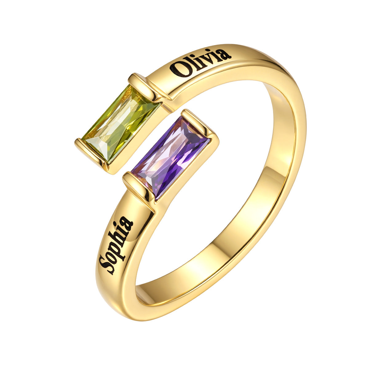 A personalized birthstone ring featuring two rectangular baguette-cut gemstones, one yellow-green and one purple, with the names 'Olivia' and 'Sophia' engraved on the gold band, set against a plain white background.