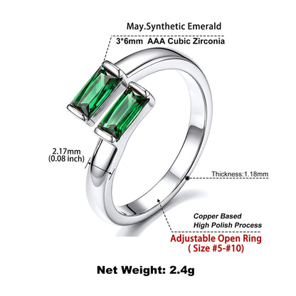 A silver-tone adjustable open birthstone ring with two green rectangular emerald-cut stones, shown on a white background with measurement callouts and text including 'May.Synthetic Emerald', '3*6mm AAA Cubic Zirconia', 'Thickness:1.