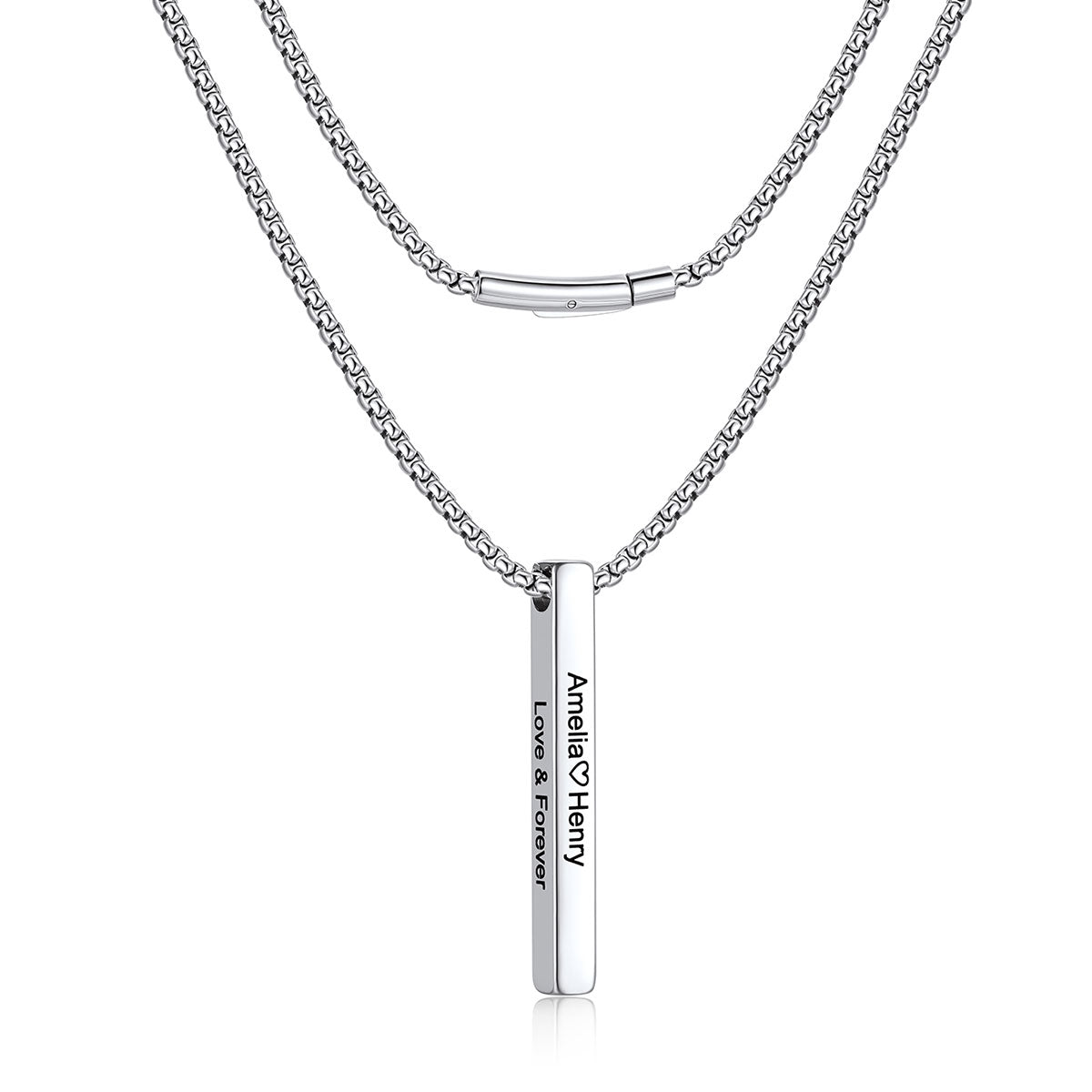 A silver-toned bar necklace featuring a box chain and a slim vertical bar pendant engraved with the names 'Amelia & Henry' and 'Love & Forever', shown on a plain white background.
