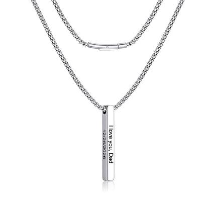 A silver-toned custom engraved bar necklace with a rectangular engraved pendant that reads 'I love you, Dad' and a phone number, shown on a clean white background.